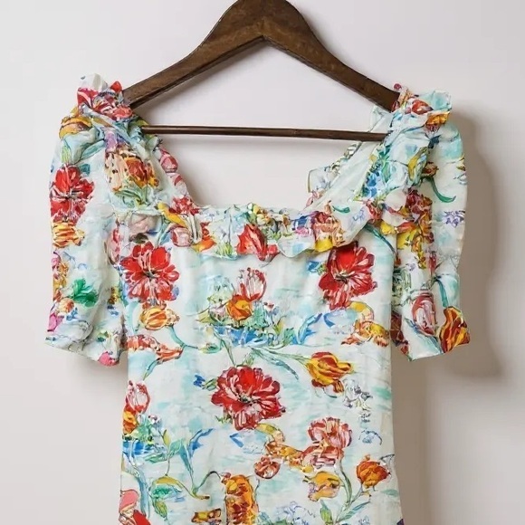 RIXO Camile Printed Cotton Linen Mini‎ Dress Women's Size 4 Ruffle Voile - Picture 4 of 15